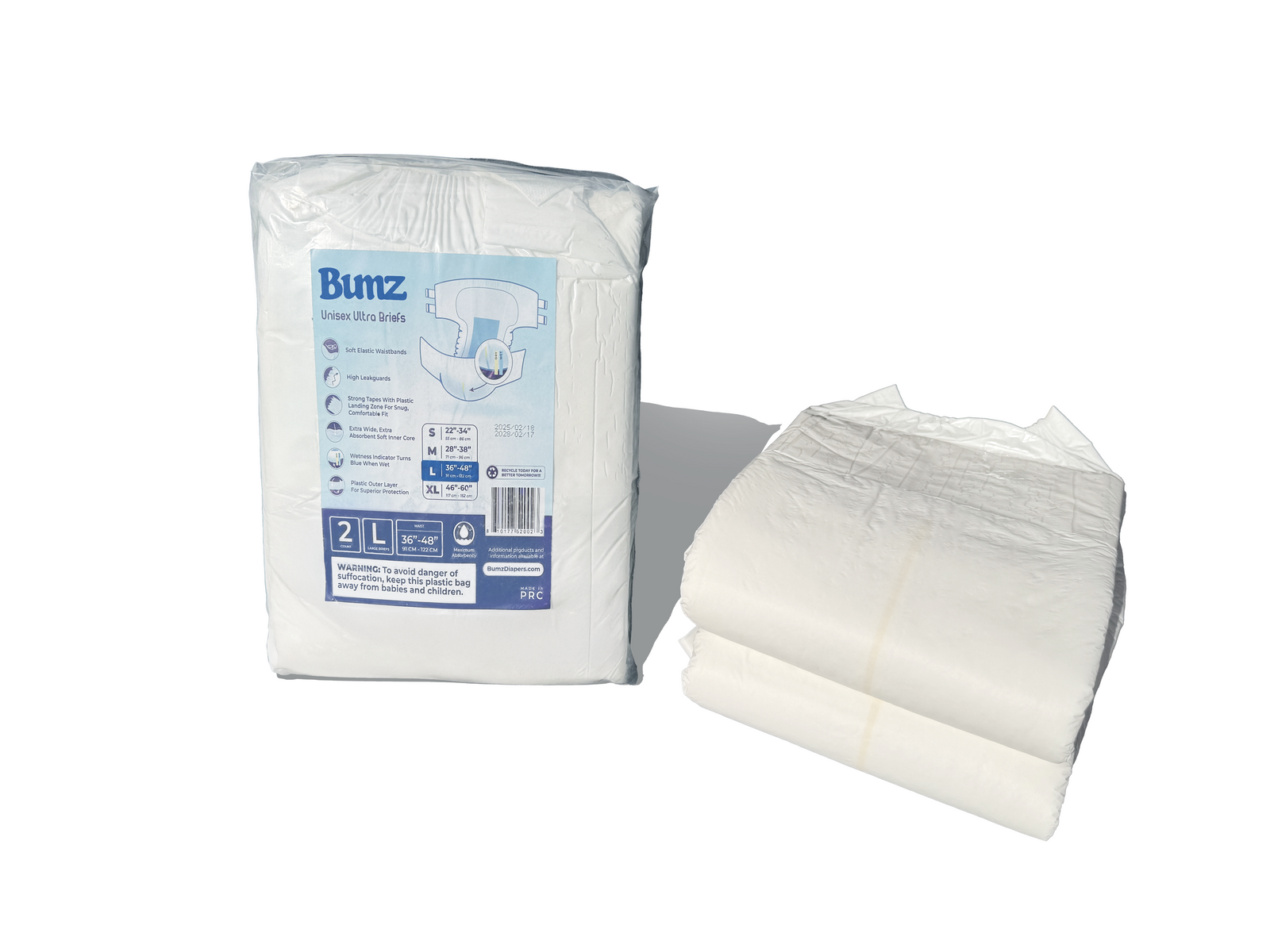 Bumz 2-count sample pack of white adult diapers