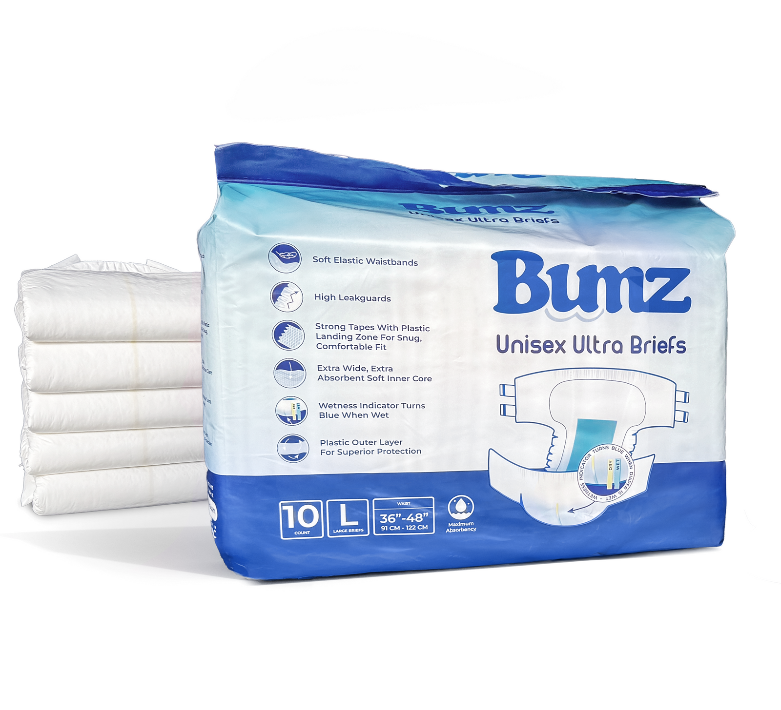 Front of a Bumz Large 10-count pack of white maximum-absorbency adult diapers