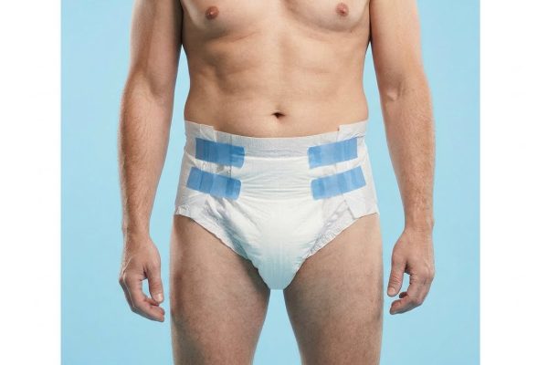 An adult wearing a white tab-style brief fastened with four blue tapes, showing a snug, even fit
