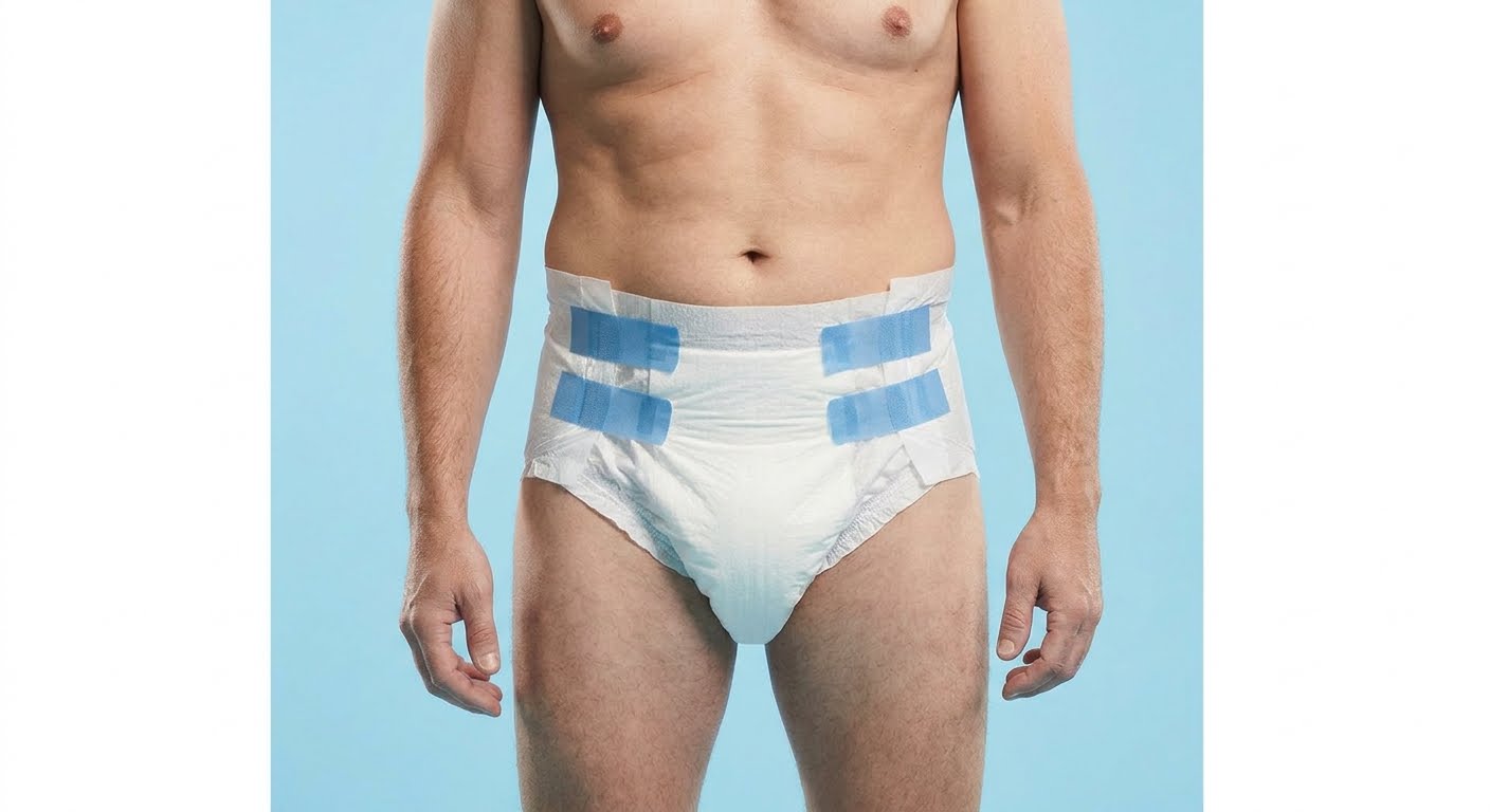 An adult wearing a white tab-style brief fastened with four blue tapes, showing a snug, even fit