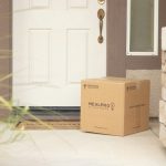 A plain brown cardboard box delivered beside a white door