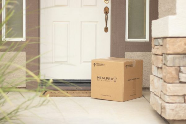 A plain brown cardboard box delivered beside a white door