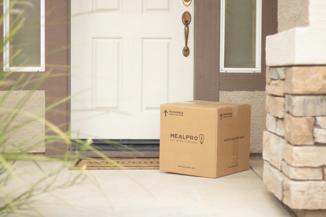 A plain brown cardboard box delivered beside a white door