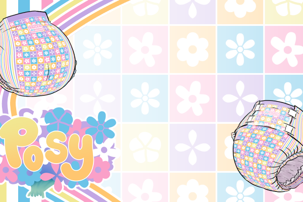 Posy by DryBritches banner with illustrated Posy diapers on a pastel flower checkerboard