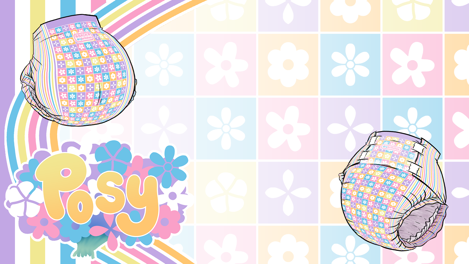 Posy by DryBritches banner with illustrated Posy diapers on a pastel flower checkerboard
