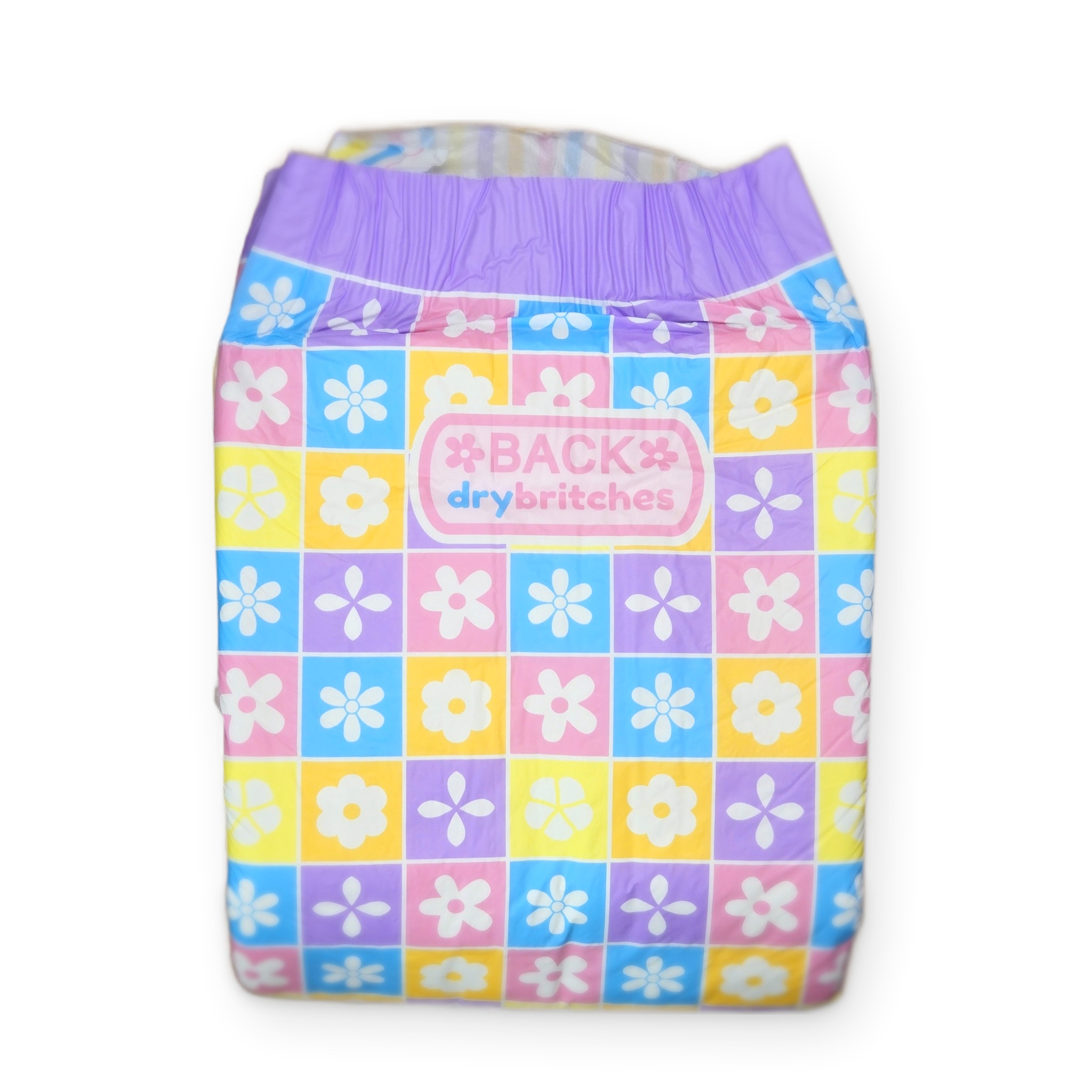 Back of a folded Posy diaper with the DryBritches BACK label