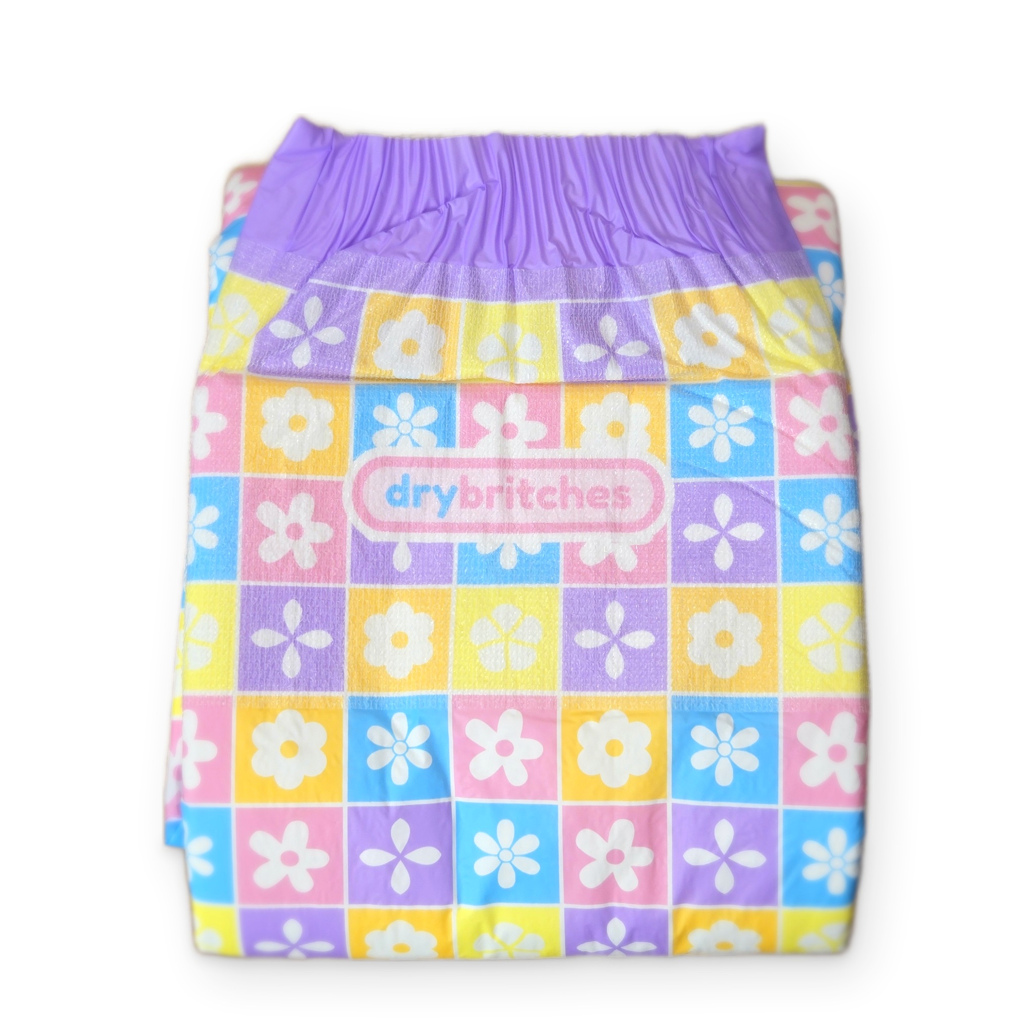 Front of a folded Posy diaper in its pastel flower checkerboard print with a lavender waistband