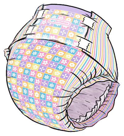 Drawing of a Posy diaper showing the tabs, striped wings and leg gathers