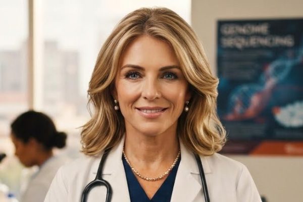 A smiling doctor in a white coat and stethoscope in a medical lab